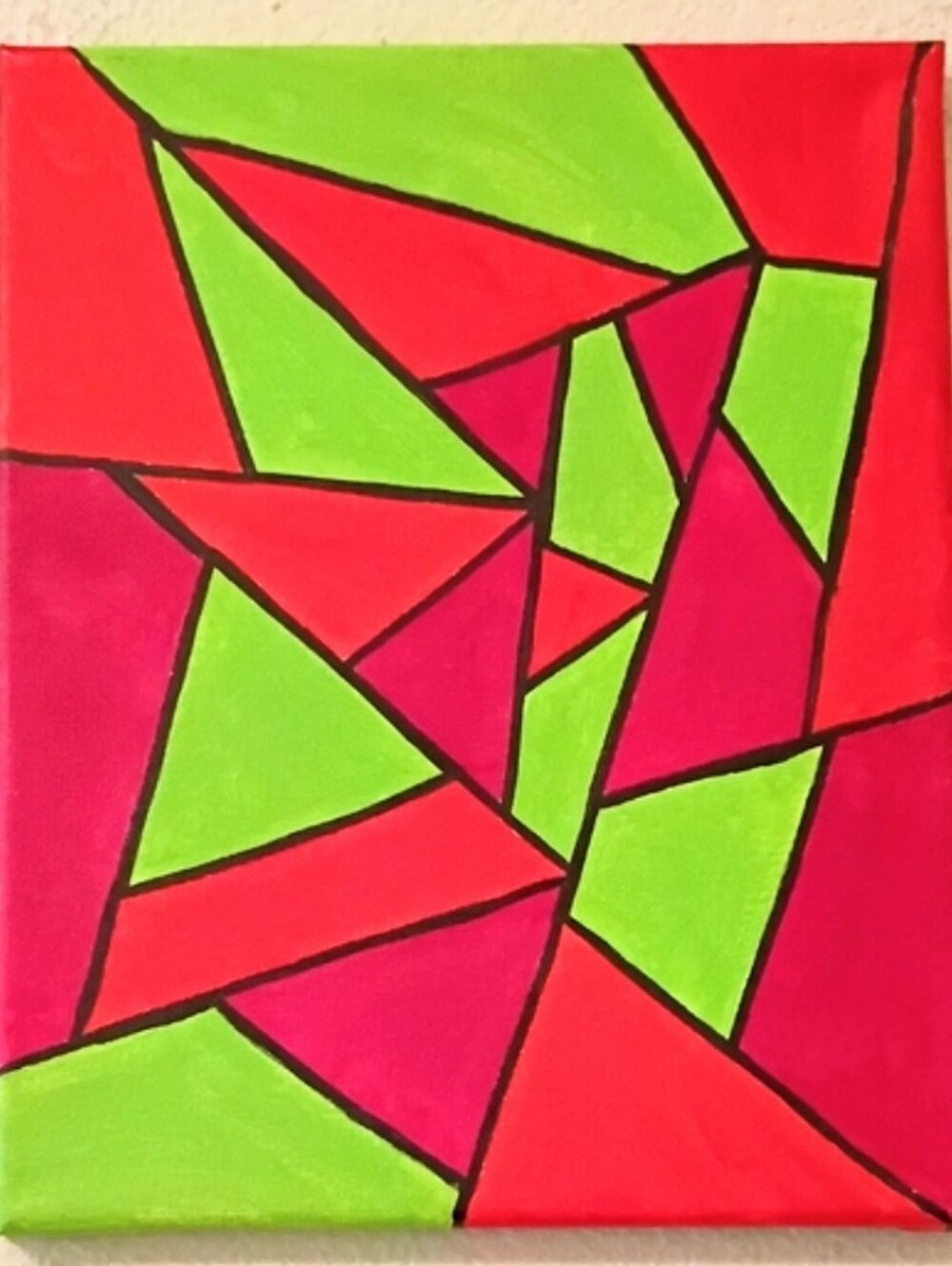 Handpainted Abstract Geometric Canvas Wall Art Red Green Neon 8x10